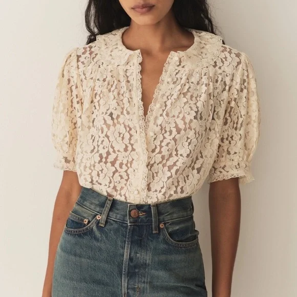 Doen Lenore Lace Collar Button Ruffle Short Sleeve Top Mother of Pearl Cream Tan - Picture 6 of 13